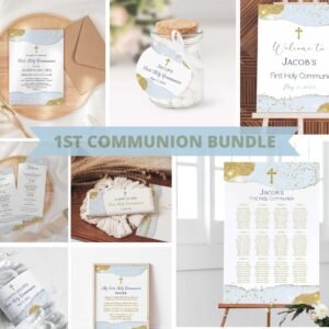 First Holy Communion Invitation BUNDLE, 1st Communion Printables, First communion Boy and Girl Printable Invite, Sky blue and gold, FC011