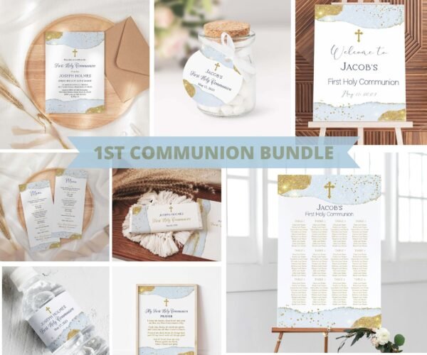 First Holy Communion Invitation BUNDLE, 1st Communion Printables, First communion Boy and Girl Printable Invite, Sky blue and gold, FC011