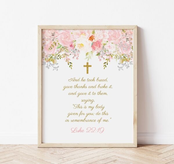 First Holy Communion Bible Verse, Girl Communion Prayer, Communion Decoration, Pink and Gold, Blush Pink, Editable Template, FC18