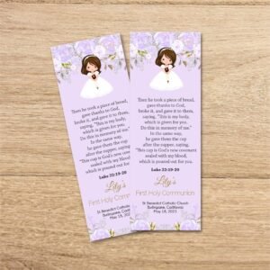 First Holy Communion Bookmark, Girl Printable Bookmark, Communion favors, Purple floral Watercolor, Editable Template, FC02