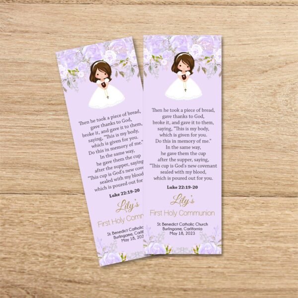 First Holy Communion Bookmark, Girl Printable Bookmark, Communion favors, Purple floral Watercolor, Editable Template, FC02