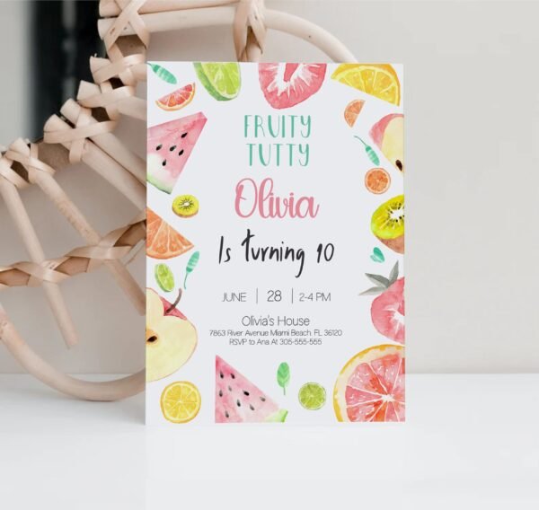 Fruit 10th Birthday Invitation, Girl birthday invitation, Fruity Tutti, Watermelon Lemon Invitation Editable Template, Summer invite