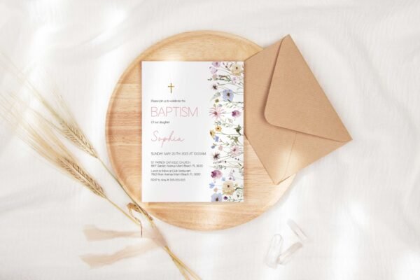 Baptism Invitation Template, Girl Baptism Card, Printable invitation, Editable template, Rustic Wild Floral watercolor - Image 2