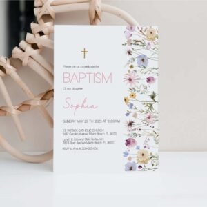 Baptism Invitation Template, Girl Baptism Card, Printable invitation, Editable template, Rustic Wild Floral watercolor