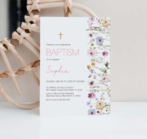 Baptism Invitation Template, Girl Baptism Card, Printable invitation, Editable template, Rustic Wild Floral watercolor