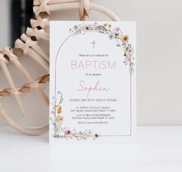 Gil Baptism Invitation Template, Printable invitation, Baptism Card, Editable template, GOLD ROSE, Rustic Arch Wild Floral Watercolor - Image 2