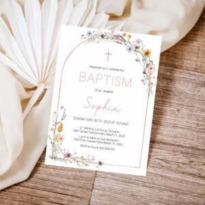 Gil Baptism Invitation Template, Printable invitation, Baptism Card, Editable template, GOLD ROSE, Rustic Arch Wild Floral Watercolor