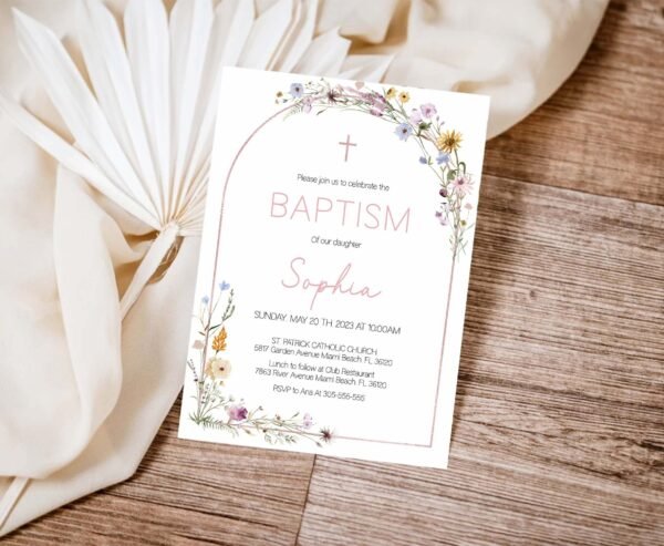 Gil Baptism Invitation Template, Printable invitation, Baptism Card, Editable template, GOLD ROSE, Rustic Arch Wild Floral Watercolor