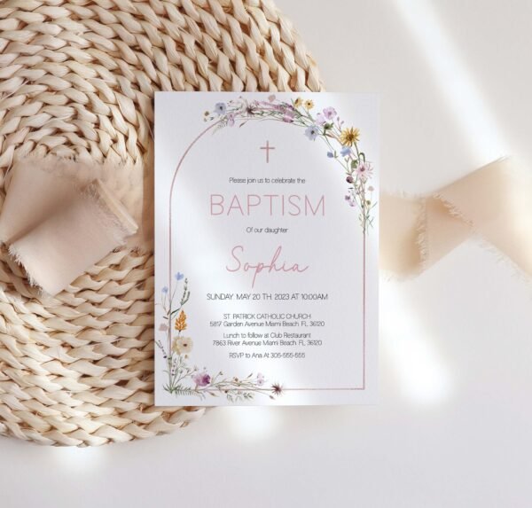 Gil Baptism Invitation Template, Printable invitation, Baptism Card, Editable template, GOLD ROSE, Rustic Arch Wild Floral Watercolor - Image 3