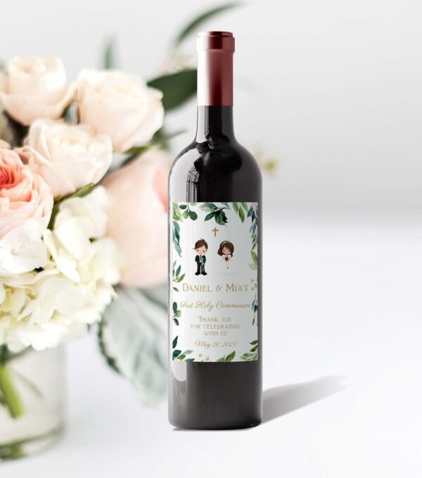 Wine Bottle label, Boy and Girl First Holy Communion, Champagne label, Greenery First Holy Communion wine label, Printable label, FC04