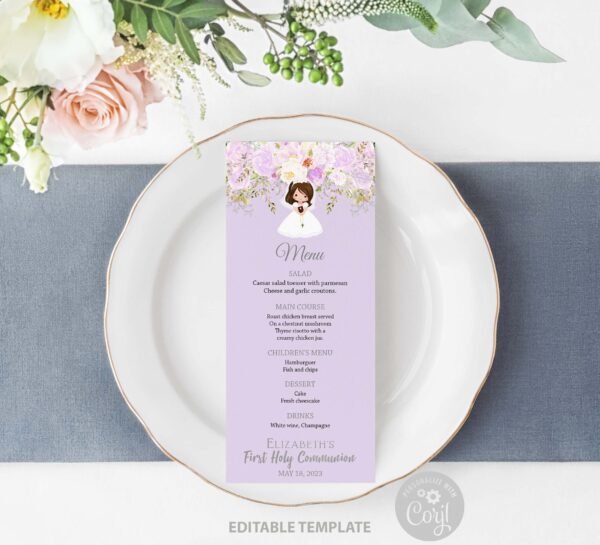 First Holy Communion Bookmark, Girl Printable Bookmark, Communion favors, Purple floral Watercolor, Editable Template, FC02 - Image 8