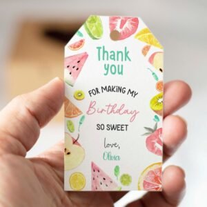 Birthday Printable Tag Template, Fruit Favor Tag, Summer Fruits thank you tags, Fruit party favors, Watermelon, lemon, Editable Template