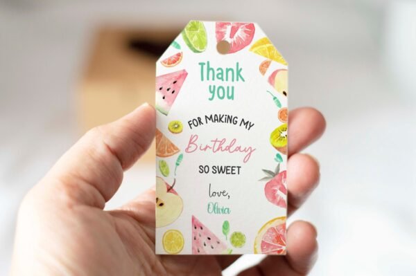 Birthday Printable Tag Template, Fruit Favor Tag, Summer Fruits thank you tags, Fruit party favors, Watermelon, lemon, Editable Template