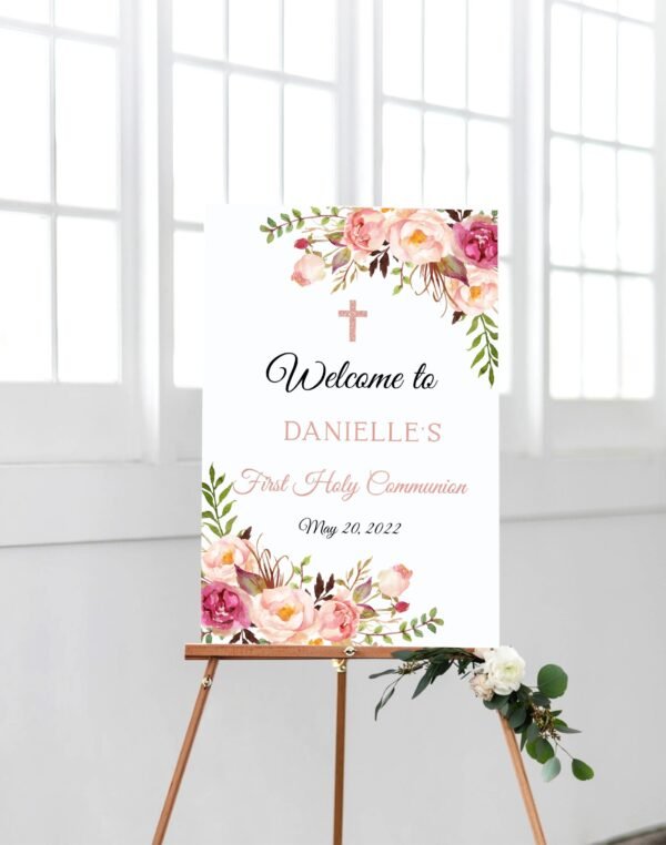 First Holy Communion Thank You Card, Girl PHOTO First Communion, Printable Thank You card, Floral Gold rose, Editable Templated, FC08 - Image 5