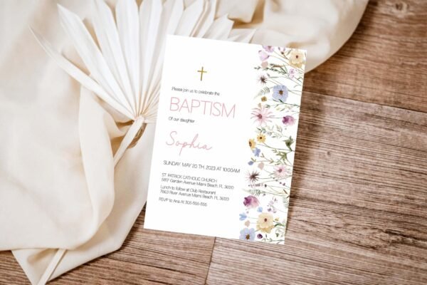 Baptism Invitation Template, Girl Baptism Card, Printable invitation, Editable template, Rustic Wild Floral watercolor - Image 3