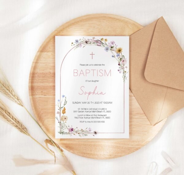 Gil Baptism Invitation Template, Printable invitation, Baptism Card, Editable template, GOLD ROSE, Rustic Arch Wild Floral Watercolor - Image 4