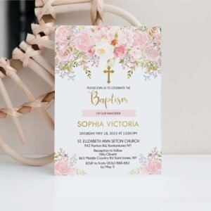 Baptism invitation Girl, Editable Template, Printable Invitation, Baptism Invitation, Floral Blush Pink Watercolor, Delicate flowers