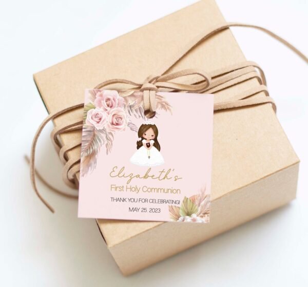 Boho First Communion Tag, Printable Gift Tags, Communion girl, Thank you tags Communion, Square Tag, Pampas Grass, Editable Template, FC15
