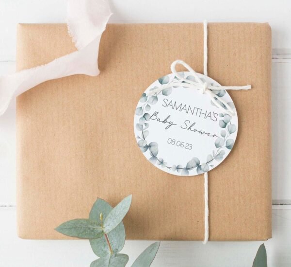 Baby Shower Tag Printable Baby Shower Favor tag, Botanical Greenery Wreath Editable template, Minimalist