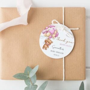Teddy Bear Girl Baby Shower Favor Tag Printable, Thank you tags, Teddy Bear Ballons Gift Tag, Editable Template, Digital Download