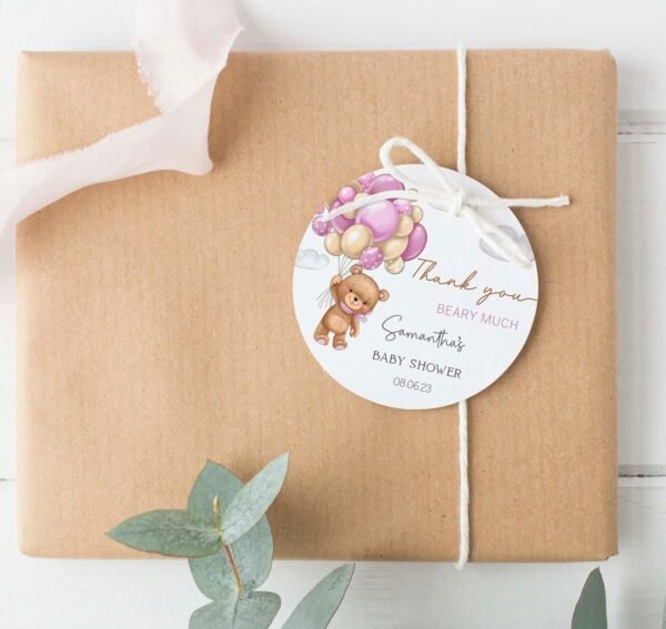 Teddy Bear Girl Baby Shower Favor Tag Printable, Thank you tags, Teddy Bear Ballons Gift Tag, Editable Template, Digital Download