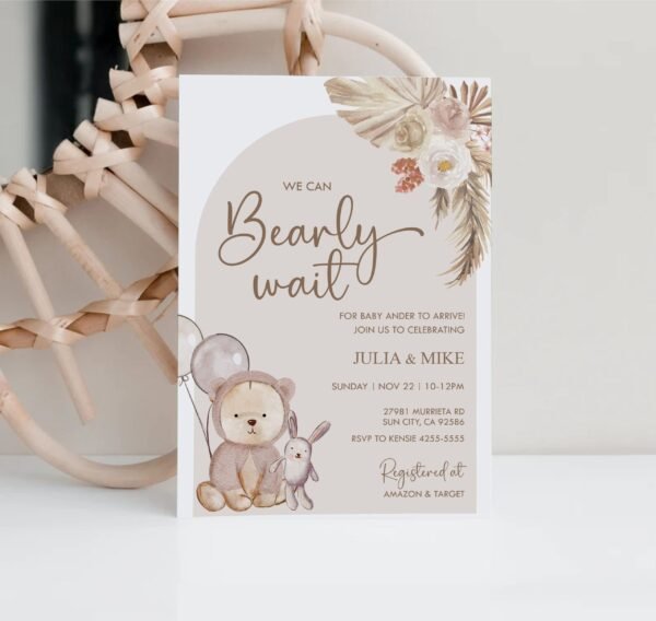 We can bearly wait Baby shower Teddy Bear Baby Shower Invitation, Boho baby shower invitation, Gender Neutral, Editable template, BSTEDDYB - Image 2