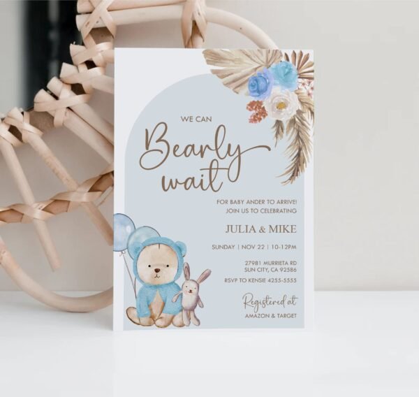 We can Bearly wait shower invitation, Teddy Bear Baby Shower Invitation, Boho baby shower, Printable, Editable template, BSTEDDYBLU - Image 2