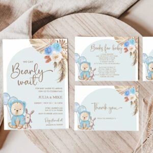 Teddy Bear Baby Shower Invitation, Boho baby shower invitation, We can Bearly wait shower invitation, Editable template, BSTEDDYBLU