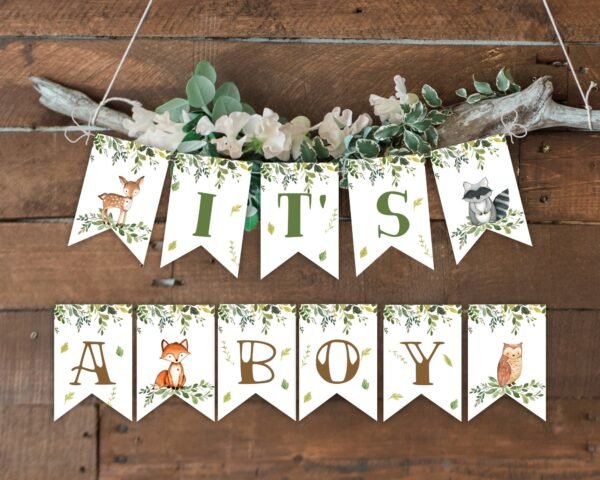 Banner It's a Boy Woodland Baby Shower, Woodland Animals Baby Shower Decoration Boy Baby Shower, Printable banner, Instant download