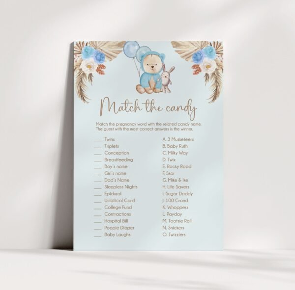 Teddy Bear Baby Shower Match the candy Game, We Can Bearly Wait Baby Shower Game, Boho Baby Shower Game, Boy Baby Shower, Instant download