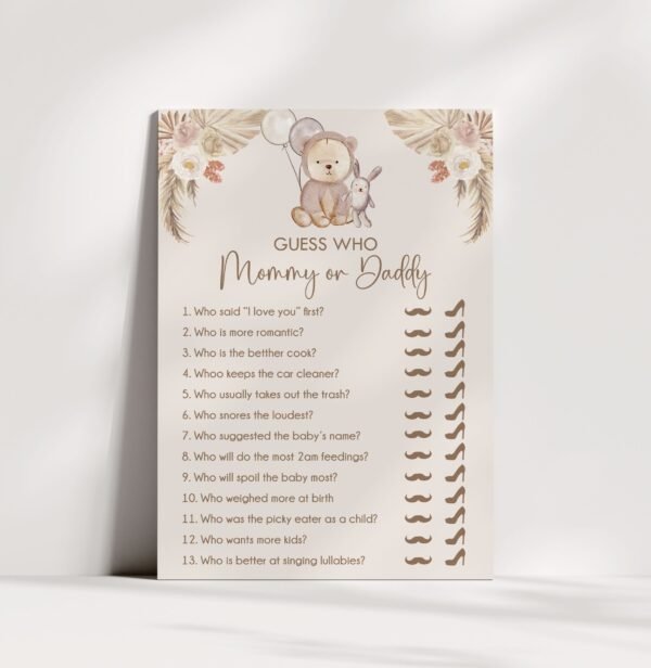 Teddy Bear Guess who mommy or daddy Baby Shower Game, We Can Bearly Wait mommy or daddy Game, Boho Baby Shower Game, Neutral Baby Shower