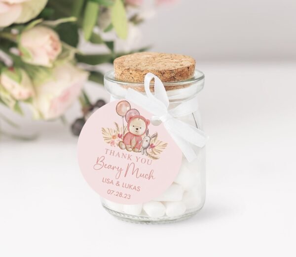 Teddy Bear Girl Baby Shower Favor tag, We can bearly wait Girl Baby shower label, Boho baby shower, Wine bottle Tag, Editable template - Image 2