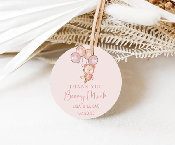 Teddy Bear Girl Baby Shower Favor tag, We can bearly wait Girl Baby shower label, Teddy bear balloons, Wine bottle Tag, Editable template - Image 2