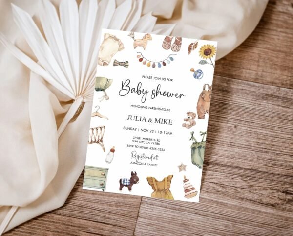 Gender Neutral Baby Shower Invitation Template, Boho Baby Shower Invitation, Bohemian Reveal, Baby Clothes Shower Invite, Editable template