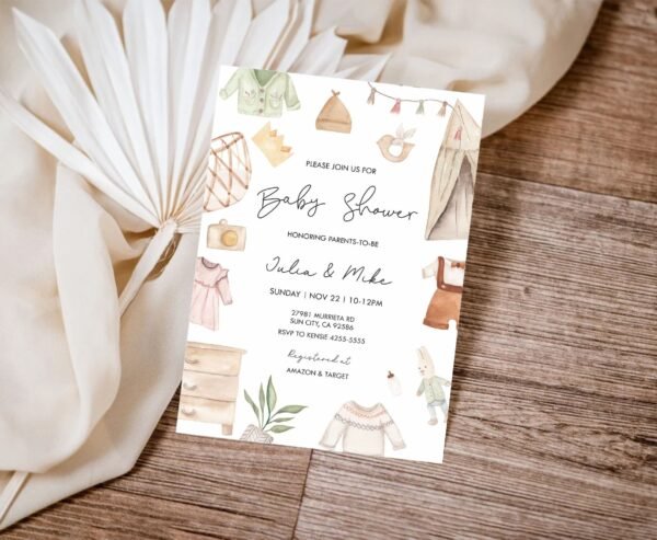 Boho Baby Shower Invitation, Gender Reveal invite, Gender Neutral Baby Shower Invitation, Bohemian, Baby Clothes, Editable template