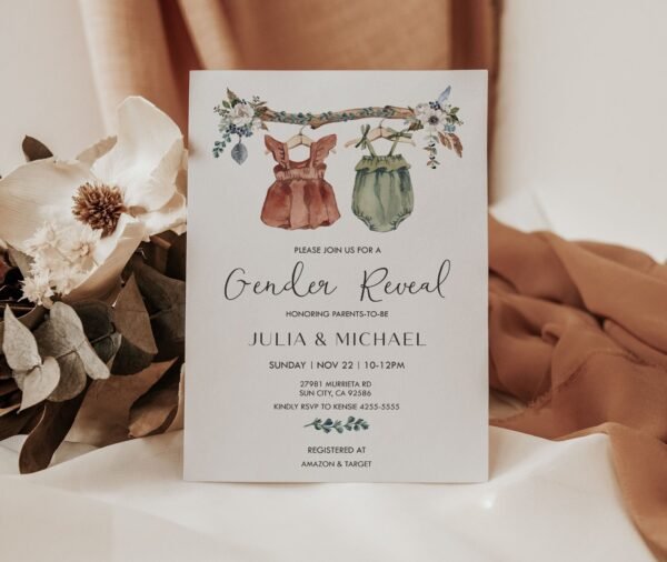 Boho Gender Reveal Invitation, Gender Neutral Baby Shower, Vintage Baby Clothes Gender Reveal Invitation Template, Bohemian Reveal