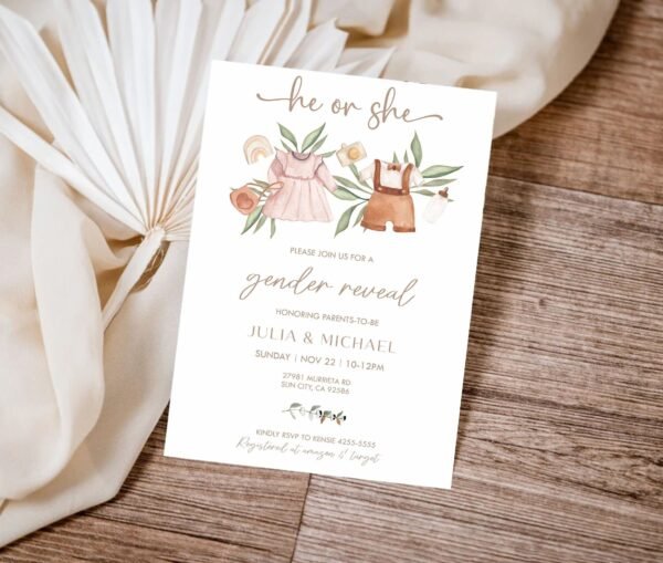 Boho Gender Reveal Invitation, Boy or girl baby shower, Vintage Baby Clothes Gender Reveal Invitation Template, Bohemian Reveal