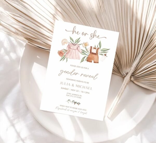 Boho Gender Reveal Invitation, Boy or girl baby shower, Vintage Baby Clothes Gender Reveal Invitation Template, Bohemian Reveal - Image 3