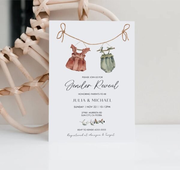 Boho Gender Reveal Invitation Template, Vintage Baby Clothes Gender Reveal invitation, Bohemian Reveal Baby shower, Printable, BH108 - Image 3