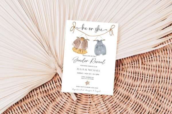 Boho Gender Reveal Invitation, Boho Baby Shower invitation, Girl or Boy, Vintage Baby Clothes Gender Reveal Template, Printable, BH107 - Image 2