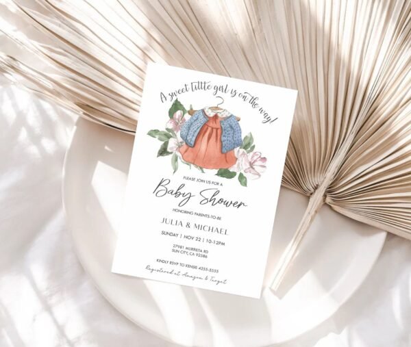 Girl Baby Shower Invitation, Boho Baby Shower Invitation Template, Girl Baby Clothes Shower Invite, Vintage Dress, Editable template, BH111