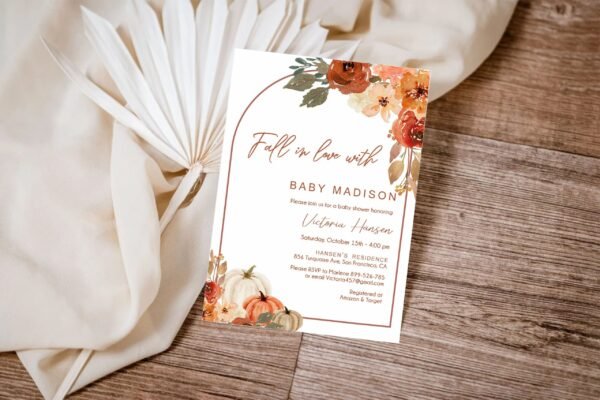 Falling in Love Baby Shower Invitation, Fall Baby Shower Invitation, Autumn Baby Shower, Gender neutral, Pumpkin Baby shower, BF101 - Image 3