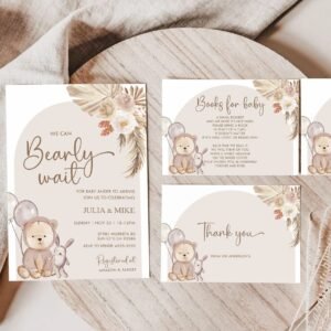 Teddy Bear Baby Shower Invitation, Boho baby shower invitation, Gender Neutral Boho Baby Shower Invite, Editable template, BSTEDDYB