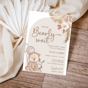 We can bearly wait Baby shower Teddy Bear Baby Shower Invitation, Boho baby shower invitation, Gender Neutral, Editable template, BSTEDDYB