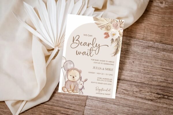 We can bearly wait Baby shower Teddy Bear Baby Shower Invitation, Boho baby shower invitation, Gender Neutral, Editable template, BSTEDDYB
