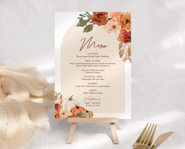 Fall Menu Template, Falling in Love Baby Shower, Autumn Menu Bridal shower, Gender neutral, Printable Menu Program, Pumpkin, Editable BF101