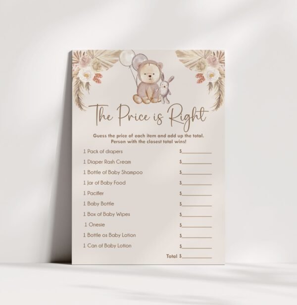 The Price is Right Teddy Bear Baby Shower Game, We Can Bearly Wait Baby Shower Game, Boho Baby Shower, Neutral Baby Shower, Instant download