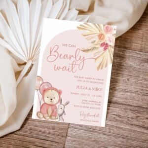 We can bearly wait Girl Baby shower, Teddy Bear Girl Baby Shower Invitation, Boho baby shower invitation, Editable template, BSTEDDYB