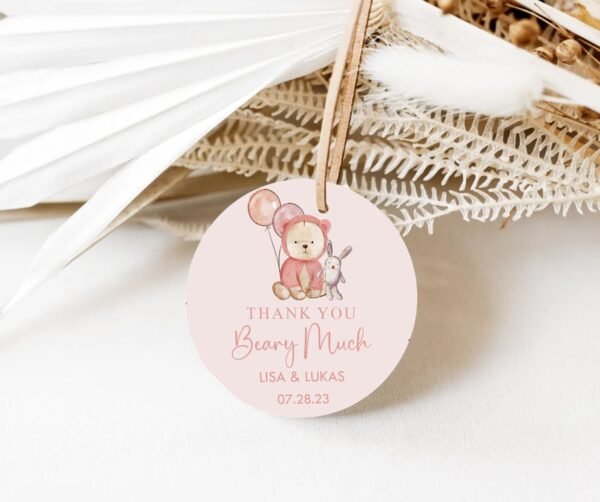 Teddy Bear Girl Baby Shower Favor tag, We can bearly wait Girl Baby shower label, Boho baby shower, Wine bottle Tag, Editable template