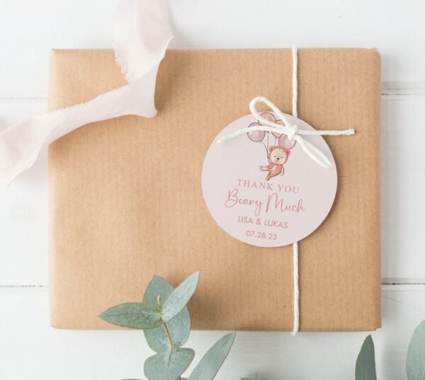 Teddy Bear Girl Baby Shower Favor tag, We can bearly wait Girl Baby shower label, Teddy bear balloons, Wine bottle Tag, Editable template